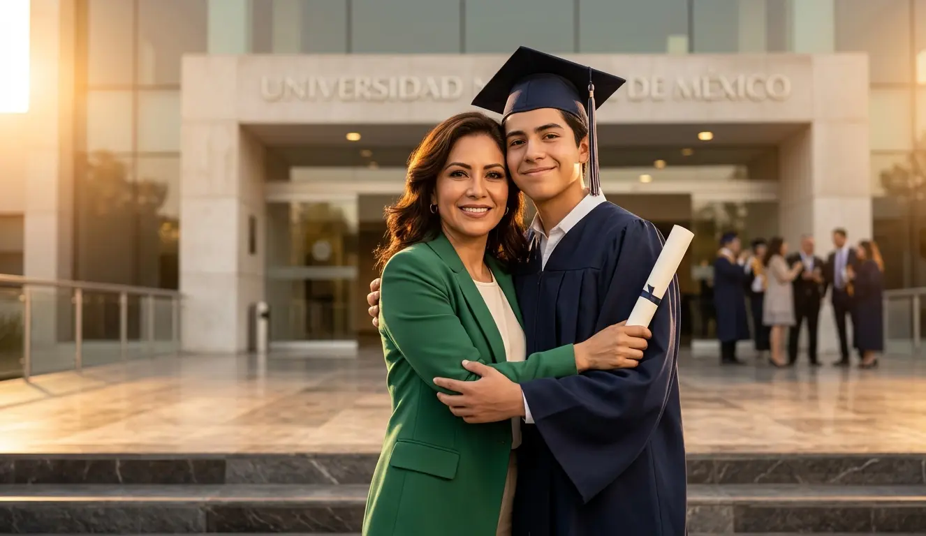 Mamá abrazando a su hijo graduado frente a universidad en México — Plan EducaLife MetLife Luna Capital